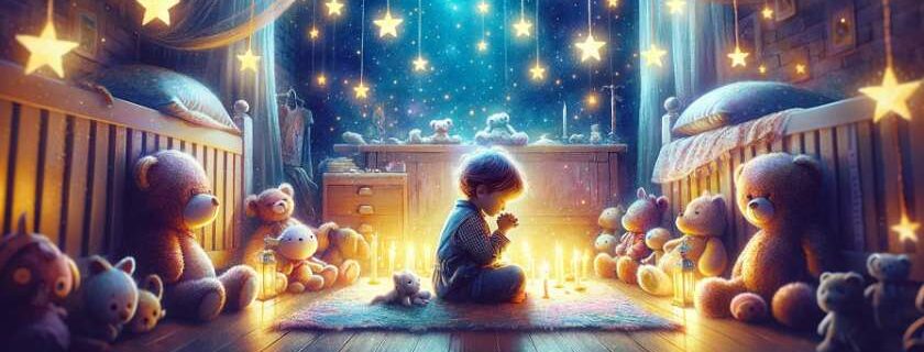 a charming depiction of a child immersed in bedtime prayer