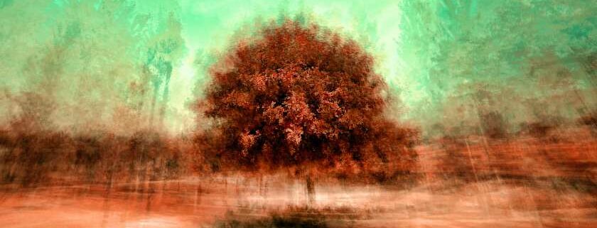 painting of brown tree against a green background