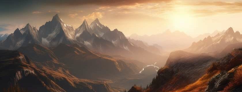 A majestic mountain range bathed in the golden hues of the setting sun