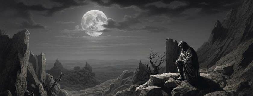Judas in a barren landscape with jagged rocks and a faint moon hanging in the sky