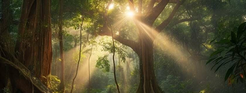 Rays of golden sunlight filter through the dense forest canopy