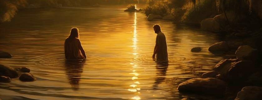 a painting portraying jesus and john the baptist standing at the jordan river