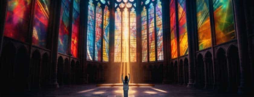 illustration of a lone figure inside a cathedral with stained glass windows