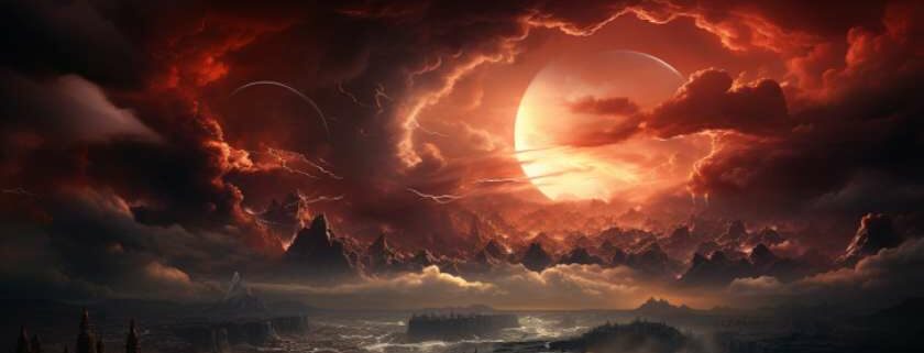 illustration of a red sky and dark looming clouds