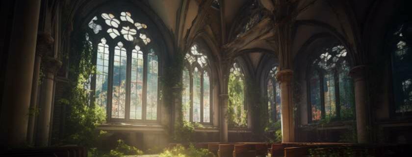 illustration of abandoned church with sunlight filtering through windows