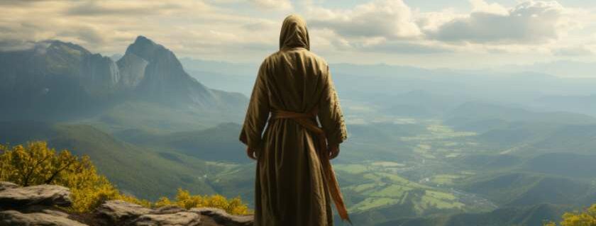 illustration of jesus standing on a cliff overlooking a valley