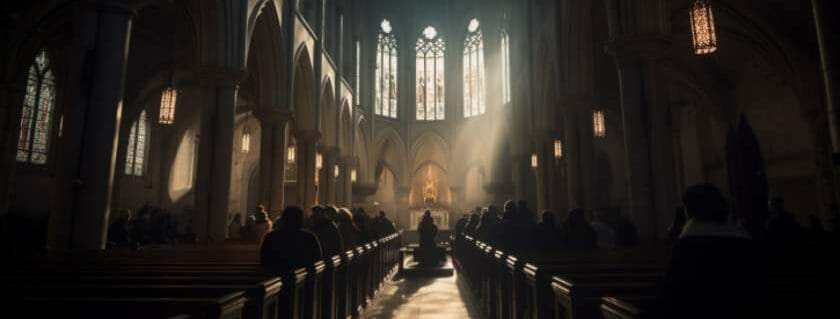 illustration of people gathered inside a dimly lit cathedral
