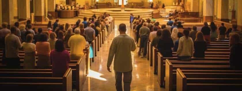 man walking in middle aisle of church surrounded by people
