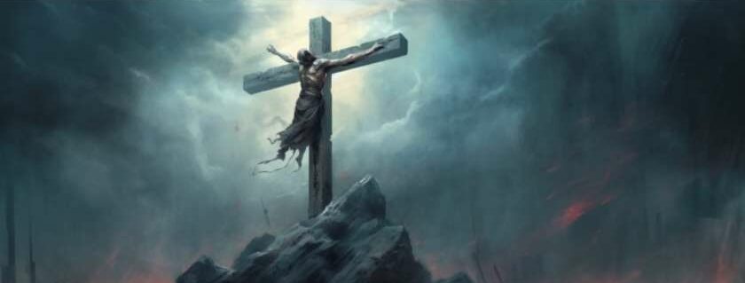 painting of jesus on cross against a stormy background