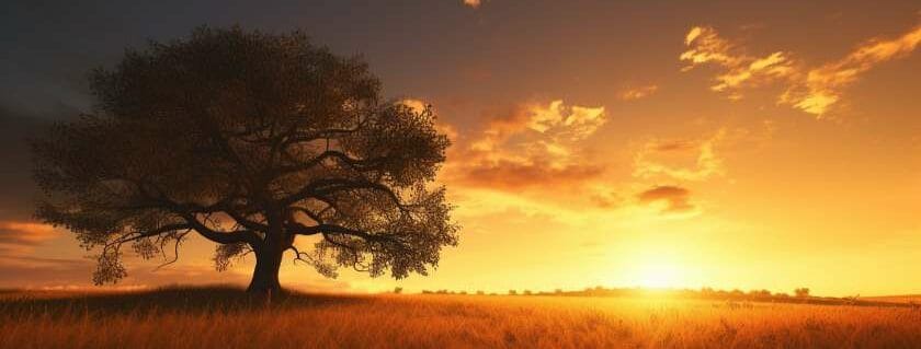A solitary tree stands tall in a vast, open field as the sun sets