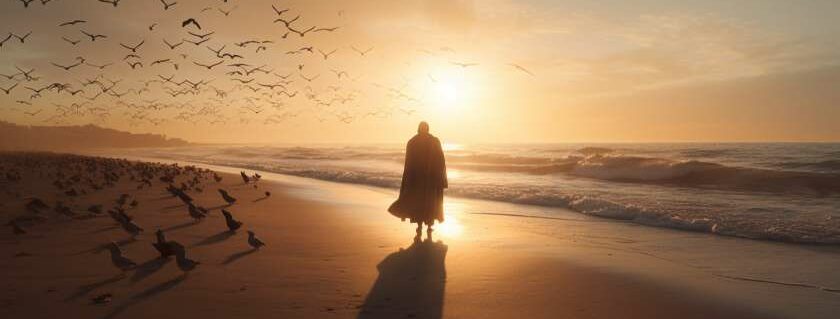 Jesus walks along a sandy shore, with the vast ocean stretching out before him