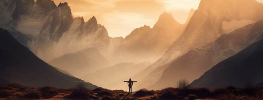 man standing between two mountains as sun begins to peek across the horizon