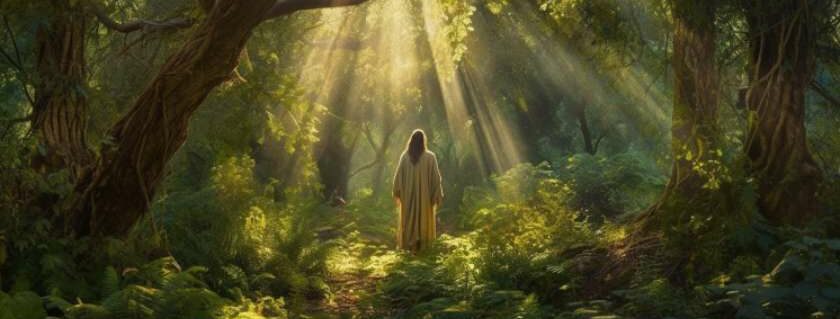 In the midst of a lush, ancient forest, Jesus stands tall, surrounded by towering trees and vibrant foliage