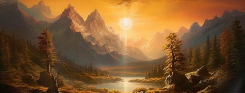 illustration of sun shining on the valley flanked by mountains