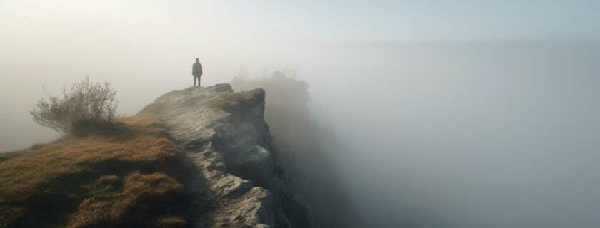 man standing on the precipice overlooking a foggy valley symbolizing hope