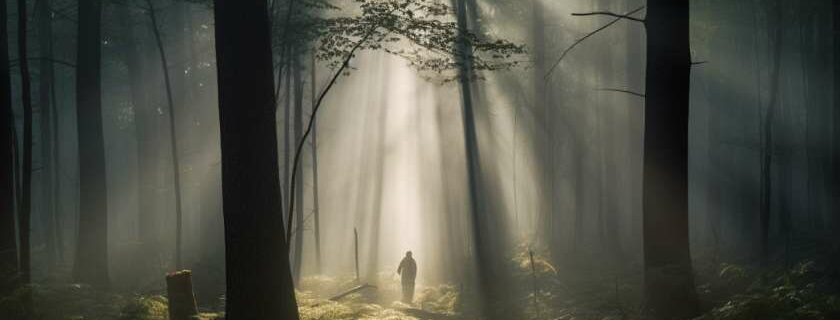 sun rays shining through a dense forest on a lone figure of a man