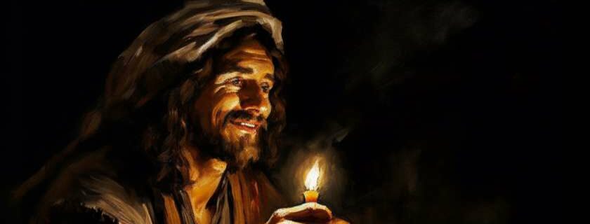 oil painiting depicting a laughing jesus illuminated by candlelight