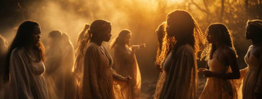 divine figures in a natural setting, warm golden hour tones illuminating their presence