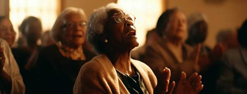 old woman singing and worshipping at church