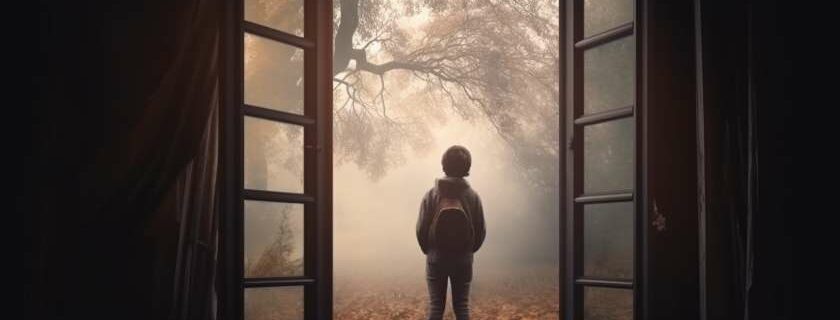 child standing outside of a window in a misty forest and when god closes a door he opens a window