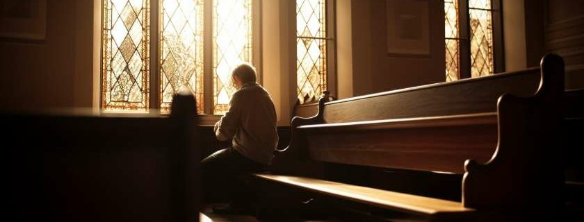 person praying inside a church by a sunlit window and prayers for happiness