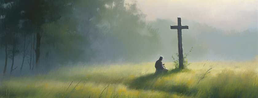 person kneeling before a cross in a grassy meadow and prayer to accept jesus