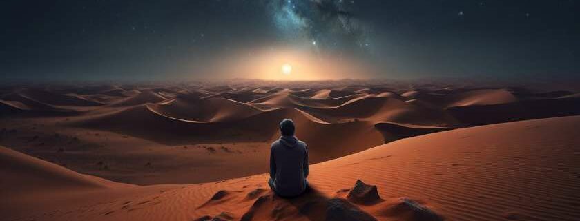 person sitting in a desert under the night sky and prayers for happiness