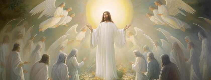 jesus in white robe surrounded by angels and signs of jesus return