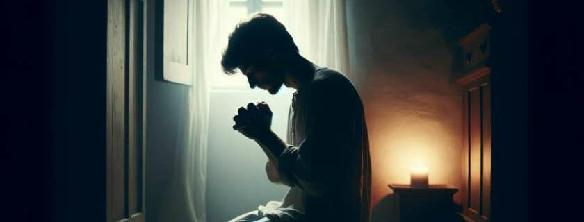 A solitary figure in a dimly lit room, kneeling in prayer with hands clasped and eyes closed