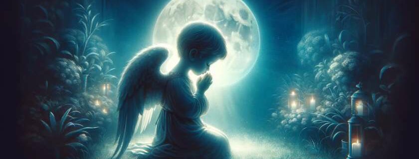 a child kneeling in a moonlit garden praying the angel of God's prayer