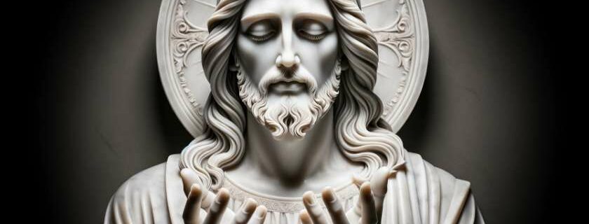 a divine sculpture of Jesus carved from pure marble with intricate details capturing the essence of divinity