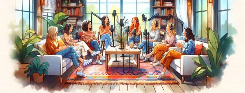 a lively discussion at a cozy Christian women's podcast studio