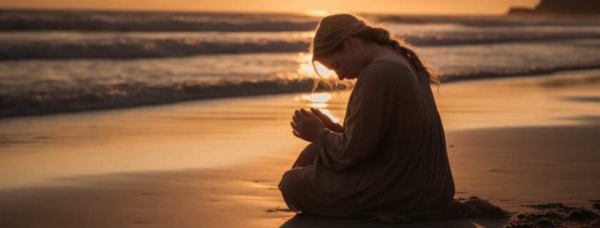 a mother bathed in the warm hues of a setting sun kneels on a sandy beach