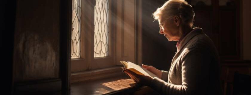 a mother bathed in the warm light streaming through a window holding an open Bible
