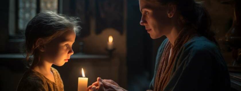 a mother illuminated by the soft glow of candlelight in a medieval chapel