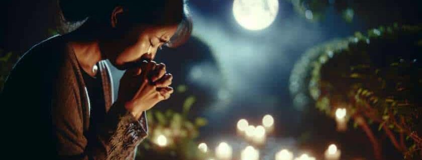 a mother kneels in a moonlit garden praying to God for her daughter's well-being