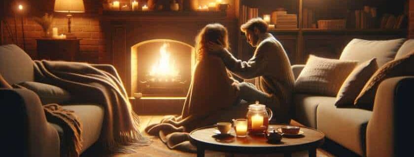 a person comforting another by a fireplace