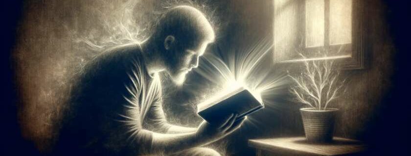 a person in a dimly lit room illuminated by the ethereal glow from an open Bible