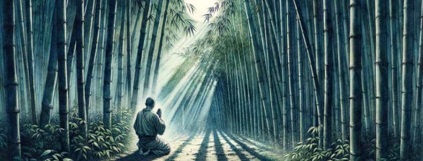 a person seeking redemption in a tranquil bamboo forest