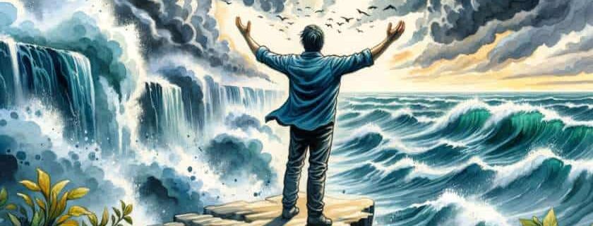 a person standing on the edge of a cliff facing a stormy sea with their hands raised in surrender and trust