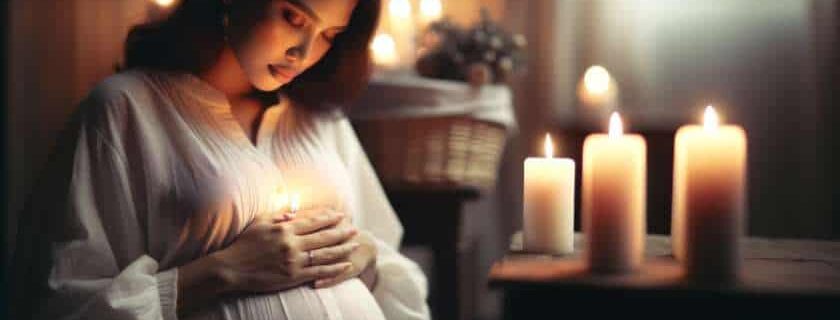 a pregnant woman in a candlelit room, softly praying for strength during labor
