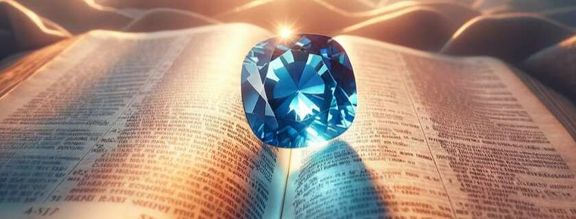 a sapphire placed across the open page of a Bible