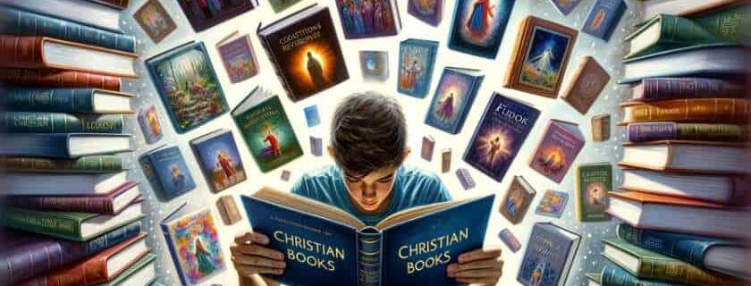 a teenager engrossed in a sea of Christian books