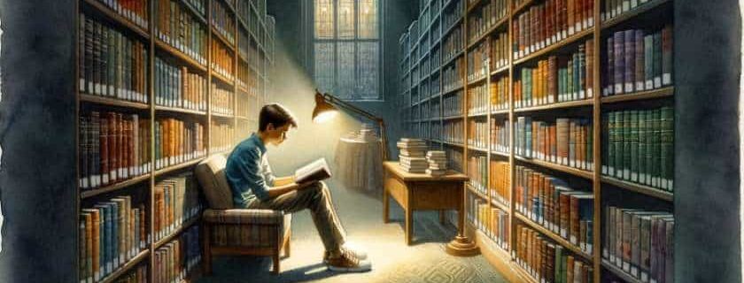 a teenager immersed in a cozy corner of a library reading the best christian books for teenagers