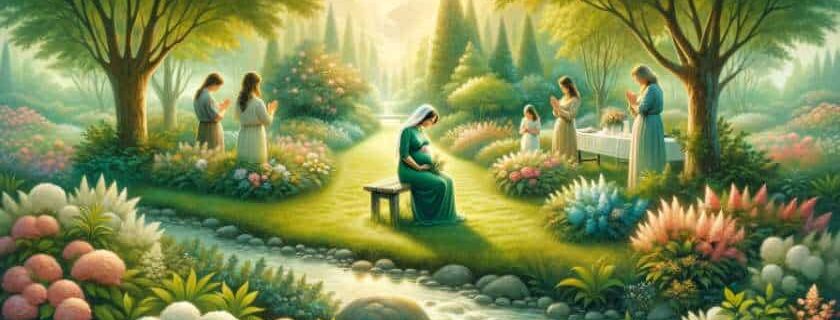 a woman in the garden and with other people praying for her pregnancy