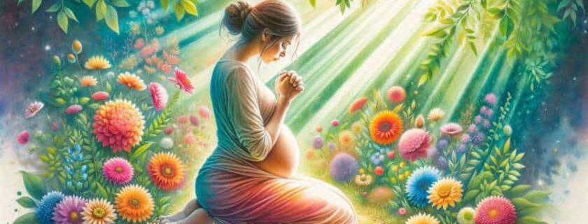 an expectant mother in a vibrant garden