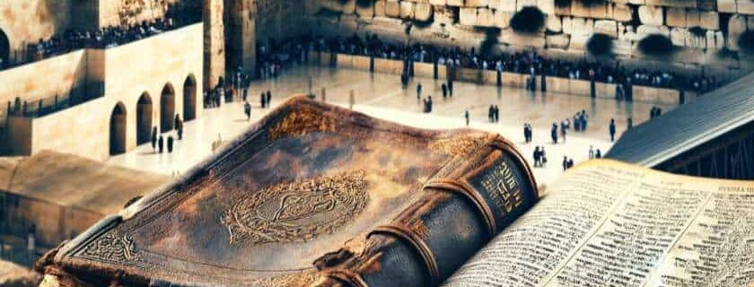 ancient, weathered Bible set against the backdrop of the Western Wall in Jerusalem