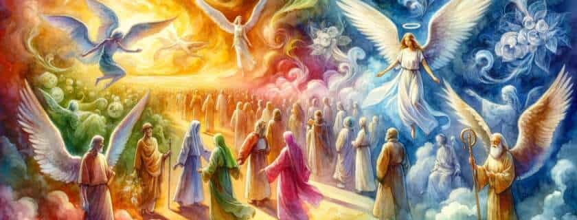 angels gracefully tending to the needs of diverse individuals on their journey to salvation