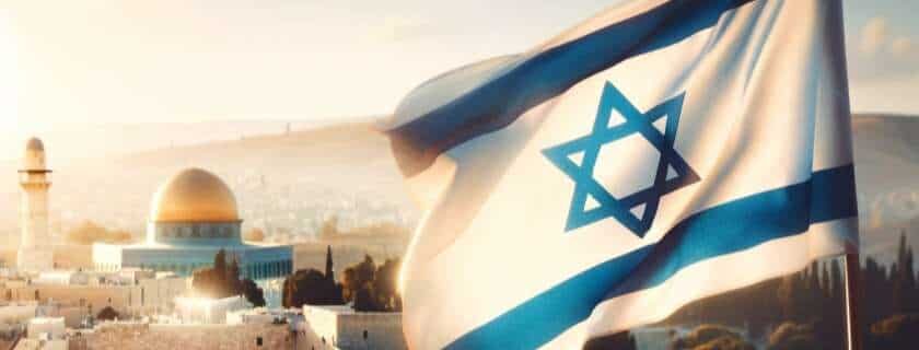 flag of Israel gently waving in a soft breeze, with sunlight casting a glow on the Star of David and the stripes