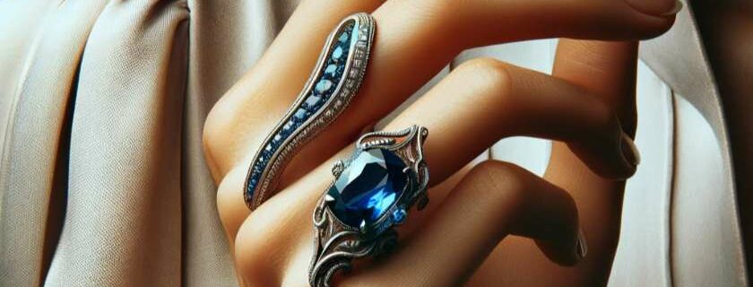 hand adorned with jewelry featuring a sapphire gem
